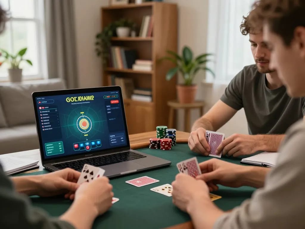Engaging in poker gameplay with the Go8 app at home, showcasing a cozy gaming atmosphere and strategic preparation.