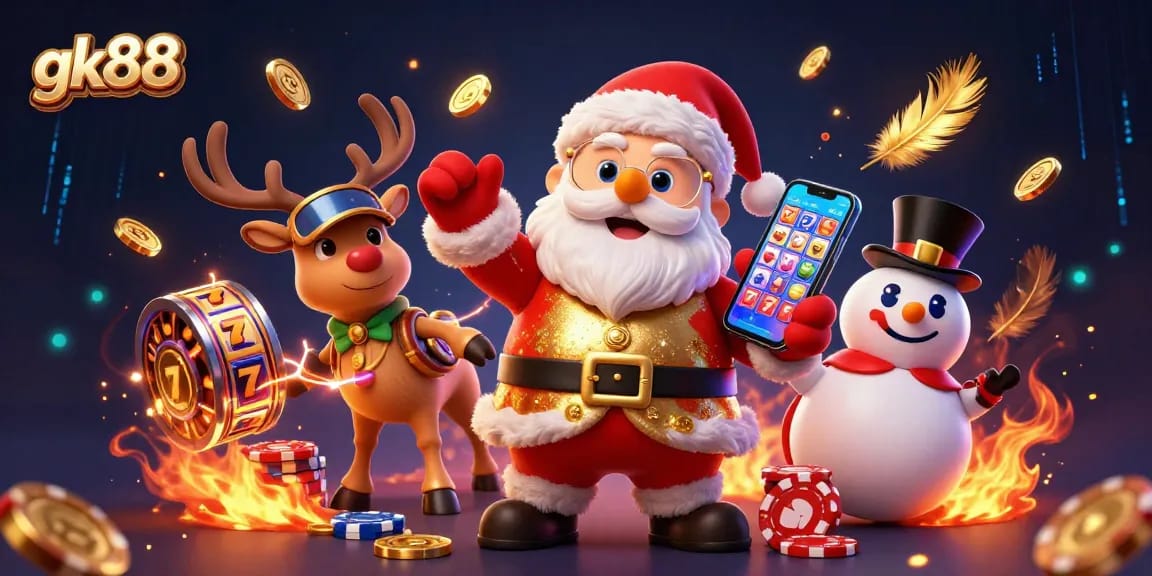Engage with the gk88 casino scene featuring Santa, reindeer, and snowman amid vibrant slot symbols.