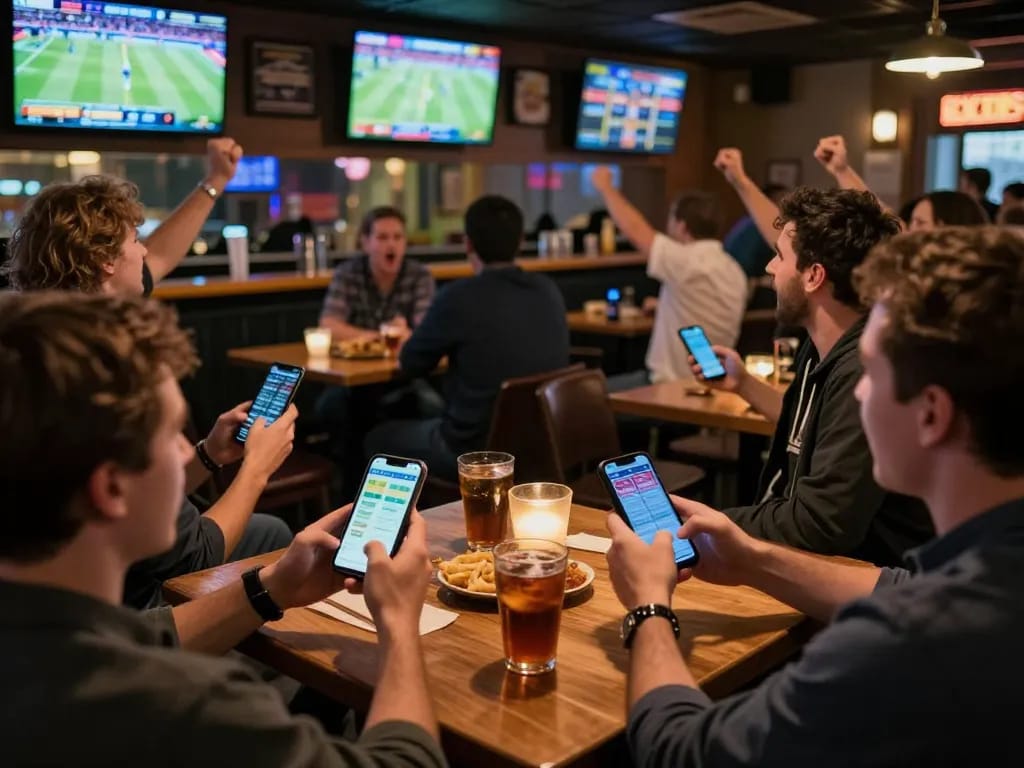 Engaged sports bettors using mobile apps to check tỷ lệ kèo nhà cái hôm nay during live events.