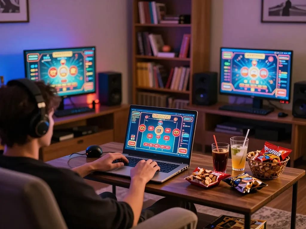 Player enjoying an online 33win gaming session in a cozy home setup with vibrant graphics