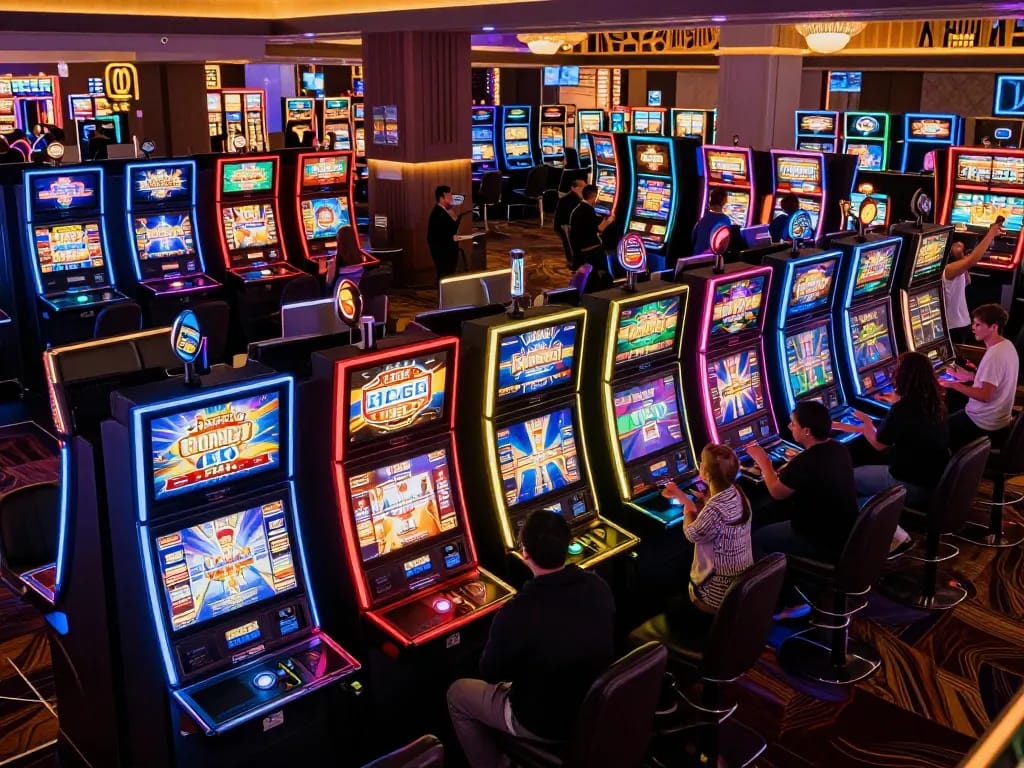 Players enjoying an exciting gaming experience at fc88's vibrant slot machines in a modern casino.