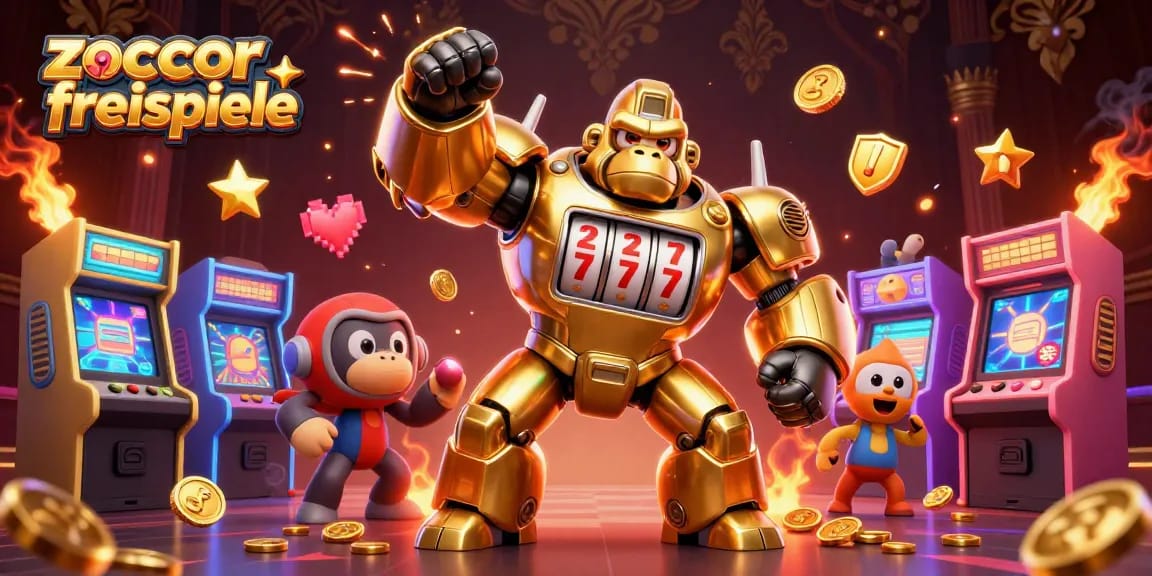 Aktivieren Sie die Zoccer Casino Freispiele mit einem goldenen Gorilla-Mek und bunten Spielmaschinen im Hintergrund.