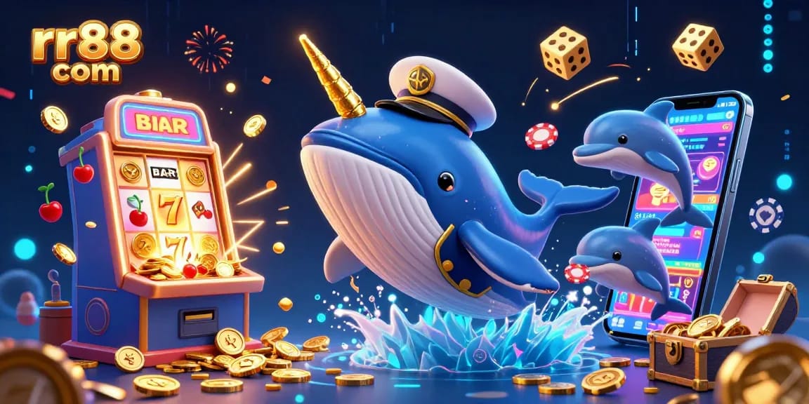 Experience excitement with rr88 com as a cartoon whale and narwhal swim through a jackpot of casino coins.