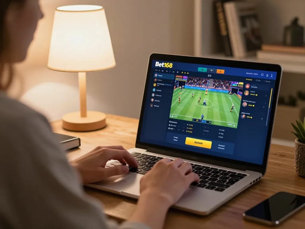Engaging online gambling session on Bet168, showcasing dynamic sports betting on a cozy laptop setup