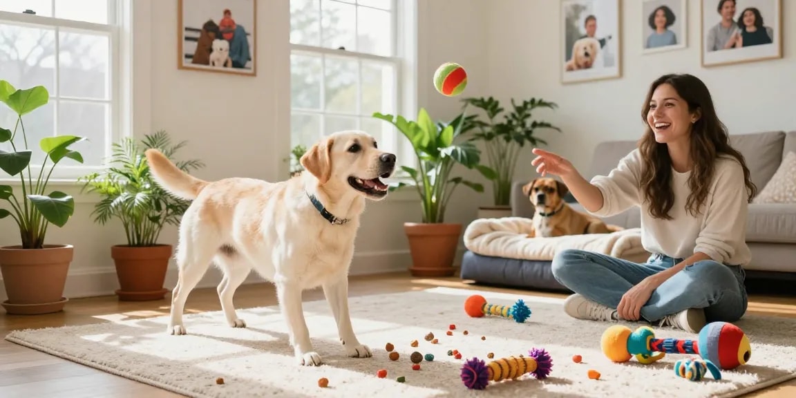 Owner playing fetch with a Labrador in a vibrant living room, showcasing rokok88 pet care.