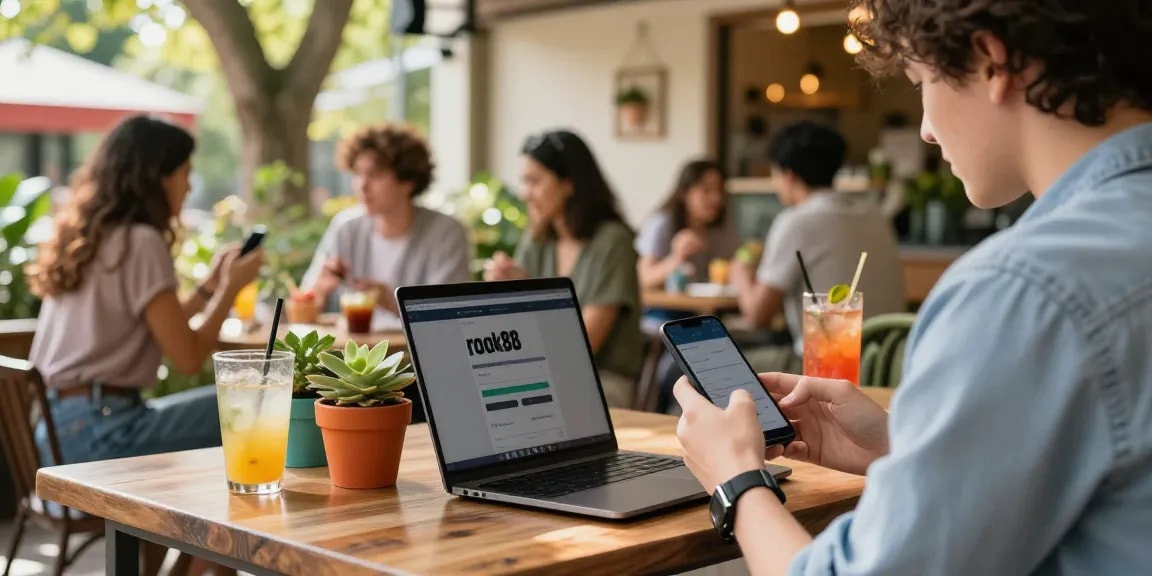 Engaging outdoor café scene illustrating rokok88 login on a smartphone, with people enjoying their drinks.