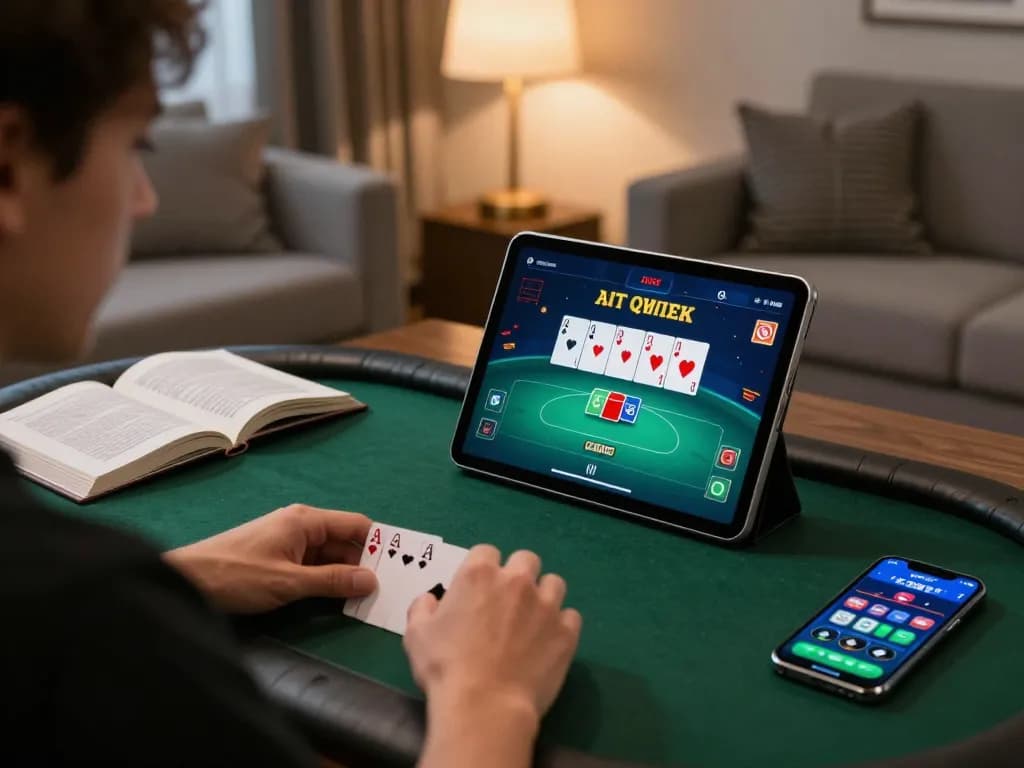 Bet88 player enjoying online poker while tracking strategies in a cozy home setting