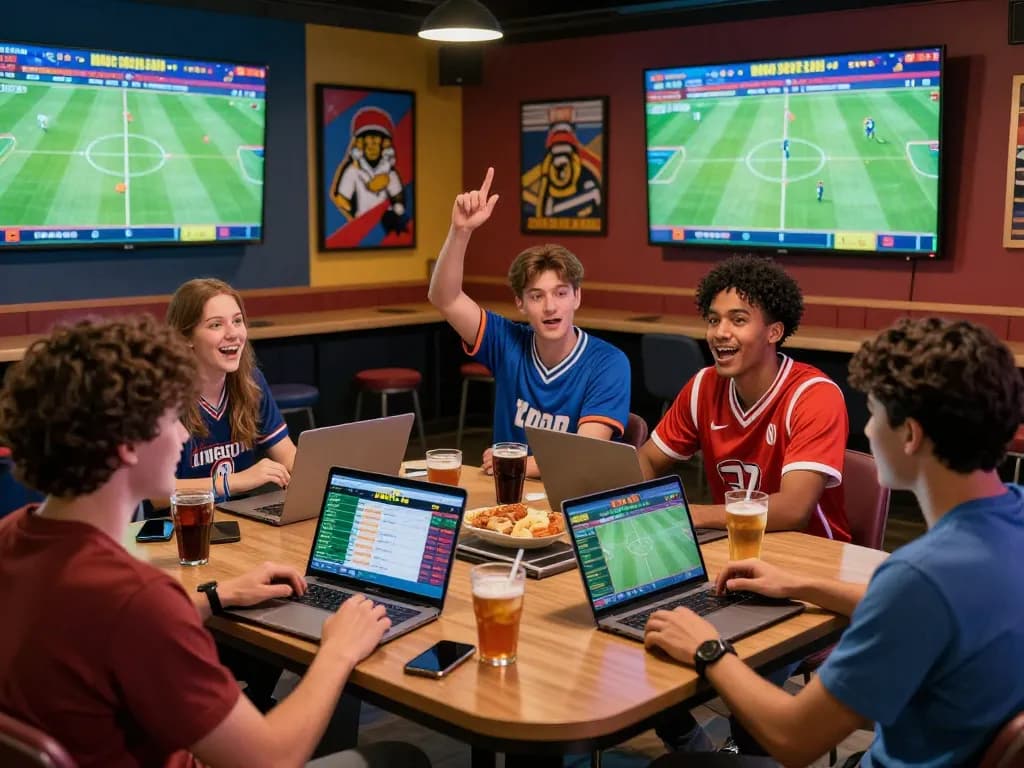 Enthusiastic group enjoying sports betting on zbet platform in lively sportsbook.