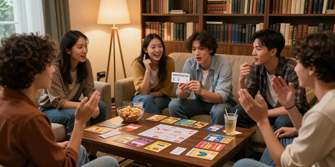 Quiz Allgemeinwissen: Freunde spielen interaktives Quiz in gemütlicher Wohnzimmer-Atmosphäre.