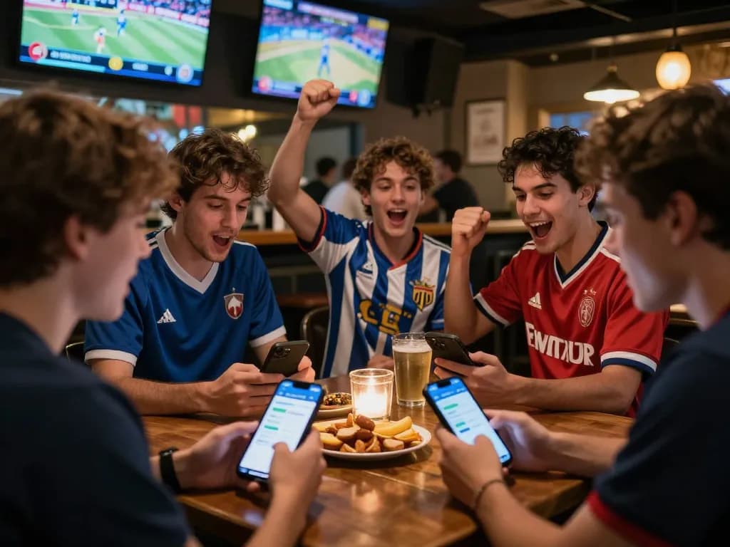 Friends engaging in sports betting action with VT88 apps, vibrant bar atmosphere, excitement captured.