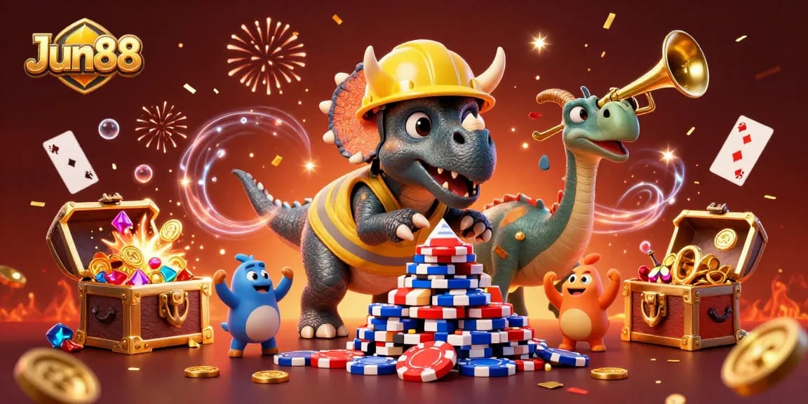 Experience Jun88's exciting gambling scene with vibrant triceratops and festive elements celebrating with poker chips.
