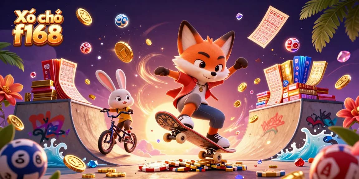 Play and win with Xổ số f168 in a vibrant illustrated casino scene, featuring dynamic lottery action.