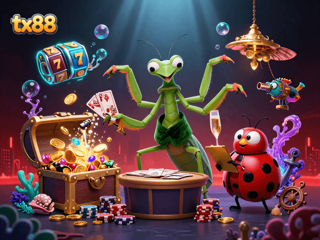 Experience the excitement of tx88 gaming with a dynamic underwater casino scene filled with vibrant characters and rich elements.