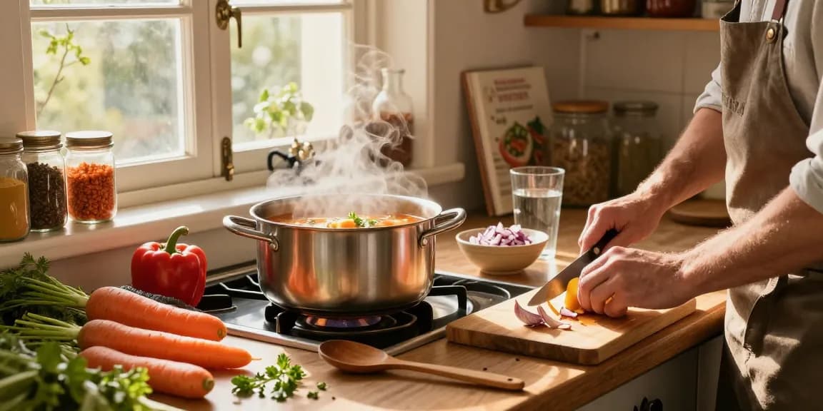 Leckere Vegane Suppen, die in einer gemütlichen, rustikalen Küche mit buntem frischem Gemüse zubereitet werden.