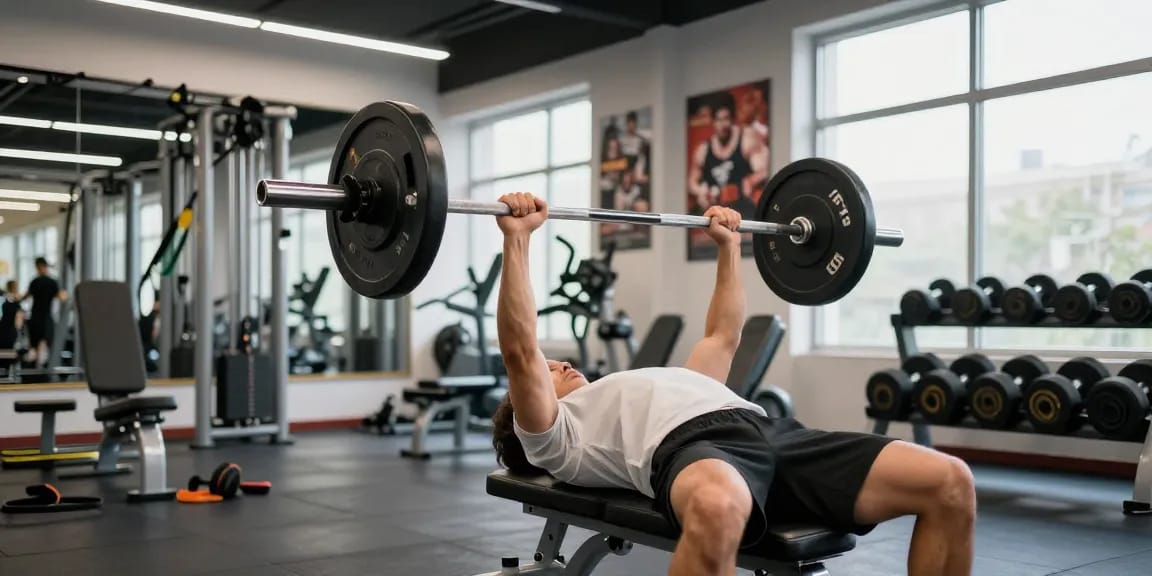 Global Pharma Steroids - Sportler, der im Fitnessstudio Gewichte hebt, motivierende Atmosphäre und hochwertige Ausrüstung.