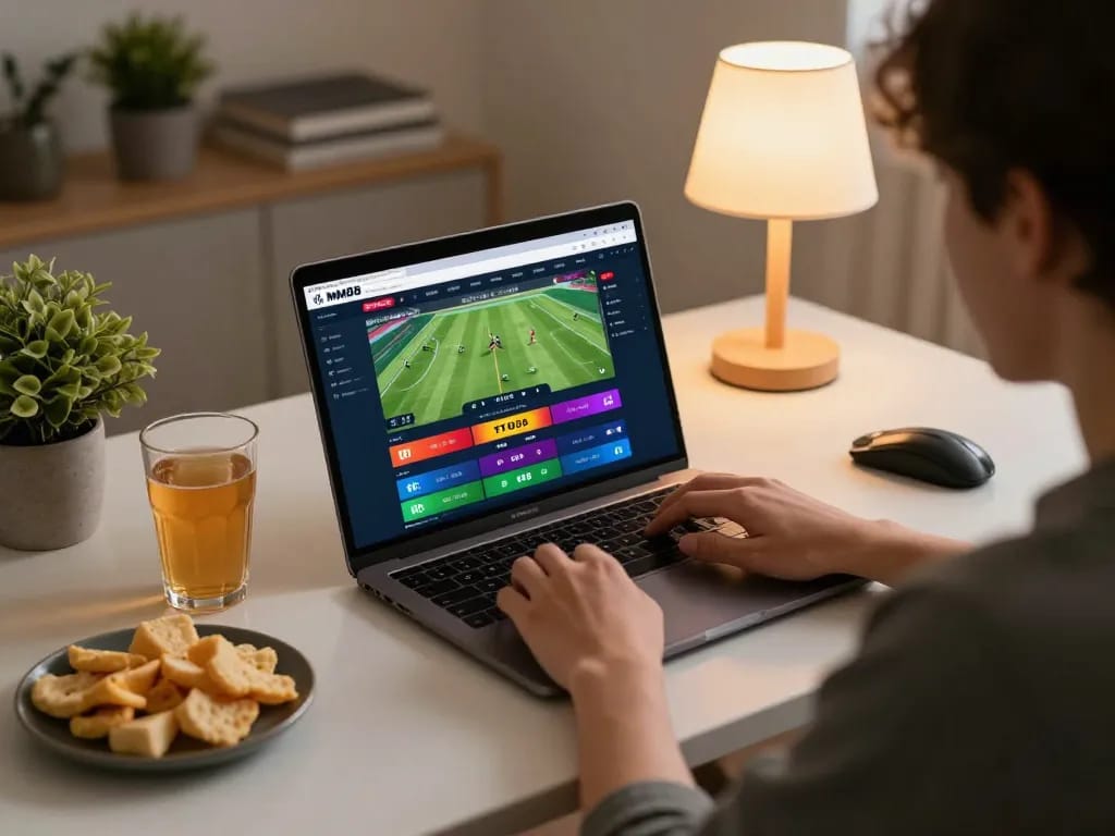 Person engaging with the nhà cái MM88 betting platform at home, showcasing online sports betting excitement.