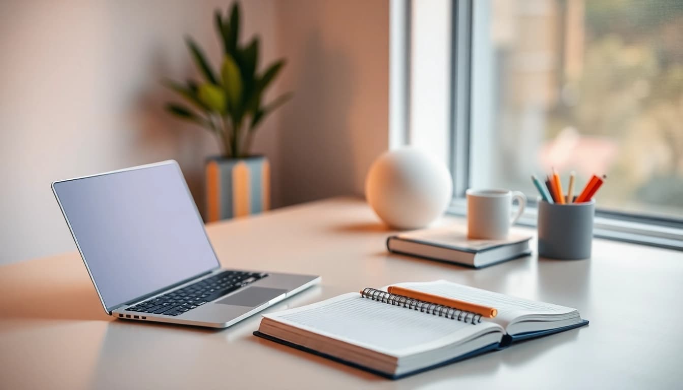 Digitales Marketing Strategien in einem inspirierenden Büro-Setup mit Laptop und Notizen.