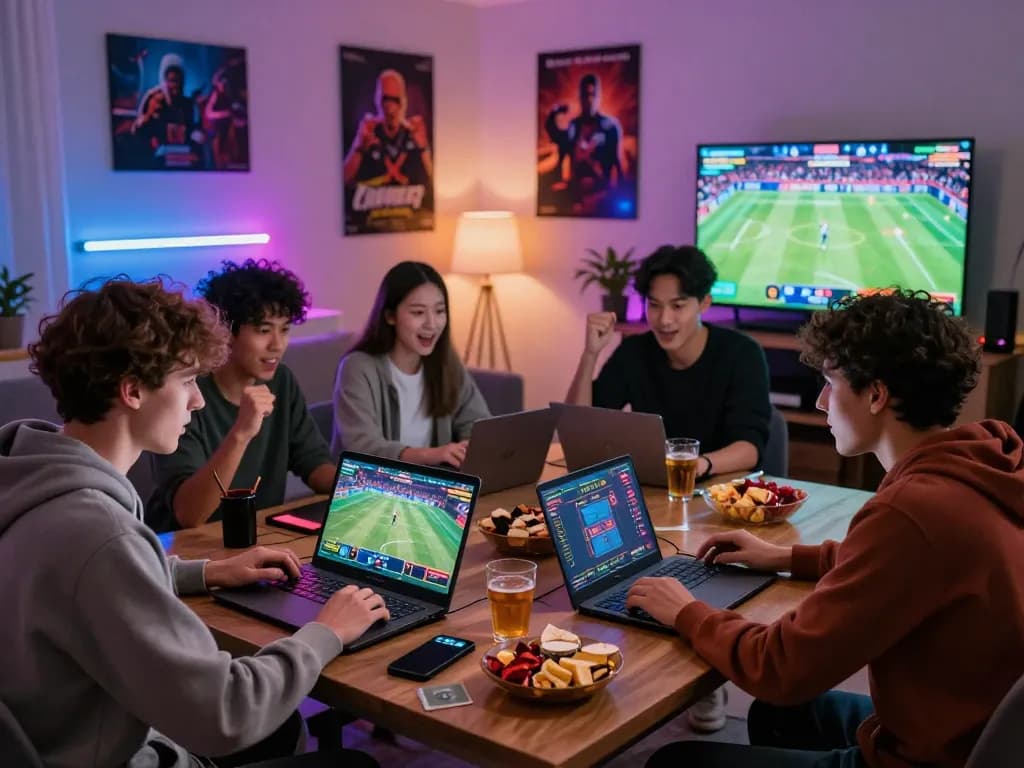 Friends enjoying online betting on fb88 in a vibrant living room setting.
