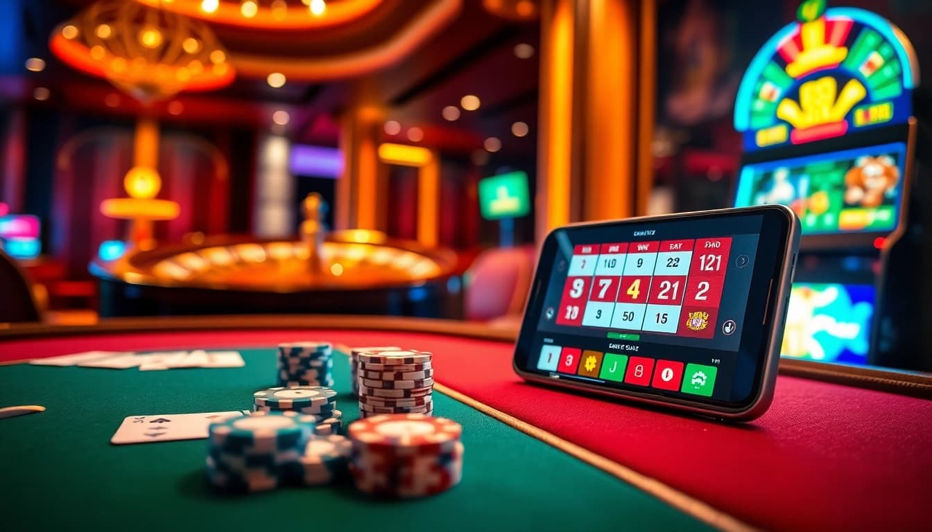 Engaging ambiance of a luxurious casino featuring games at https://e2bet-games.org, with a poker table and roulette wheel.