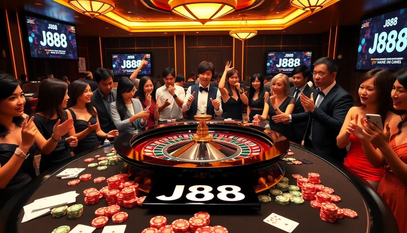 Play J88 at a vibrant casino table with chips and cards in hands.