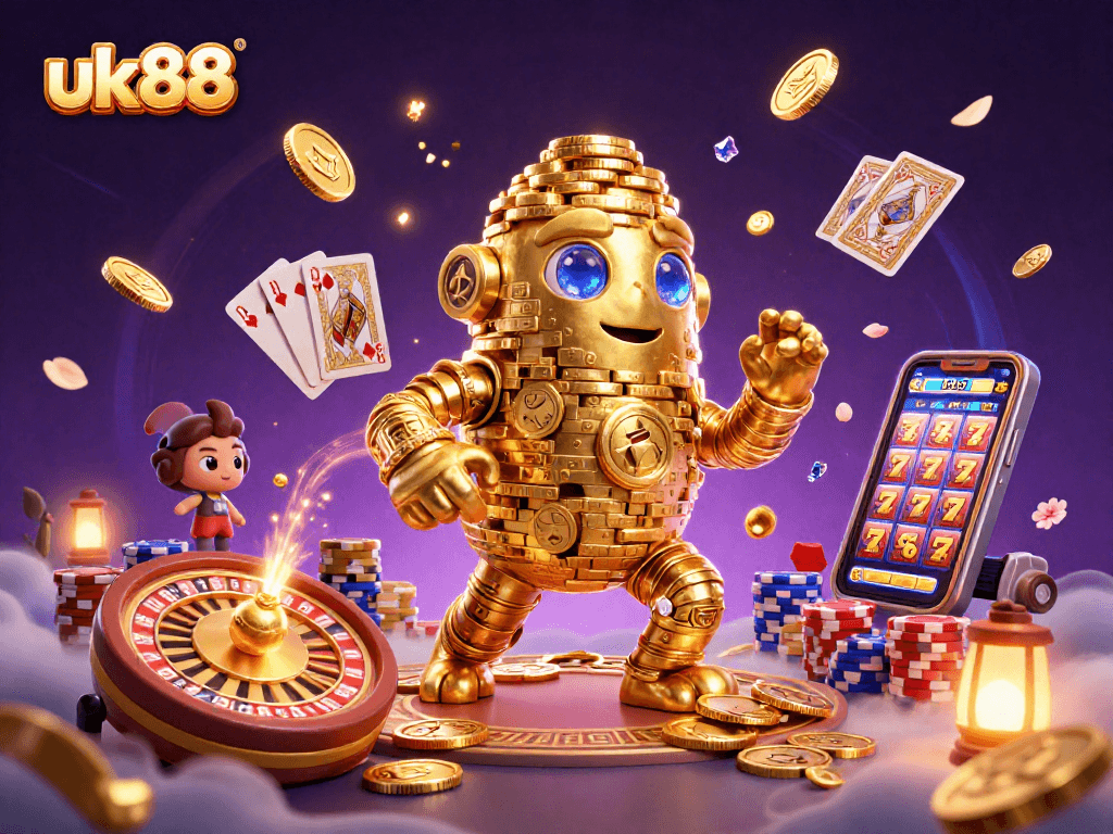 Experience excitement with uk88's dynamic casino scene featuring golden golem, coins, and slot symbols.