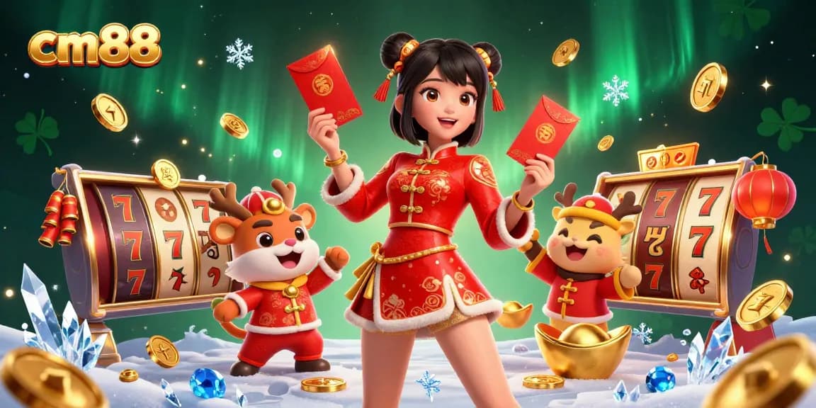 Experience thrilling gameplay at cm88 with vibrant casino elements and festive characters celebrating winnings.