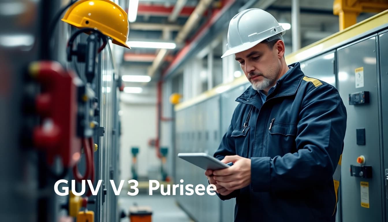 Technician performing a DGUV V3 Prüfung, showcasing safety measures and inspection tools in a professional setting.