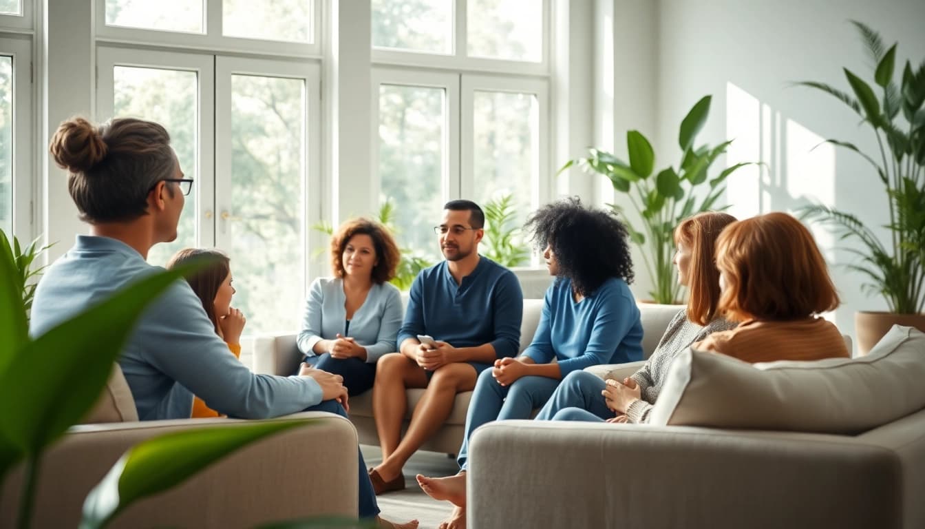 Promoting emotional wellbeing through a peaceful therapy session with diverse participants in a bright setting.
