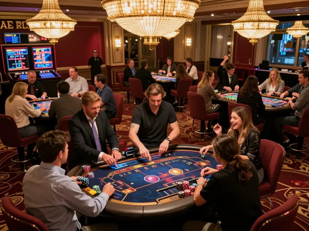 Players engaged in thrilling gameplay at a luxurious casino floor featuring da88 gaming tables