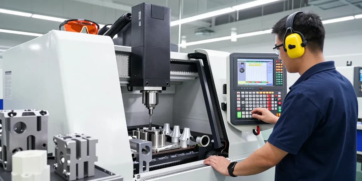 CNC-Fräsen in einer modernen Werkstatt mit einem Techniker, der präzise Einstellungen vornimmt.