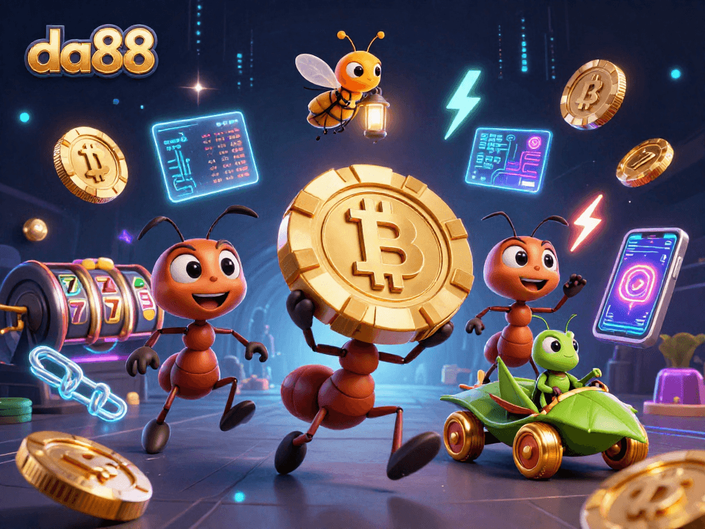 da88 team of ants and a firefly escaping with a golden poker chip in a vibrant casino scene