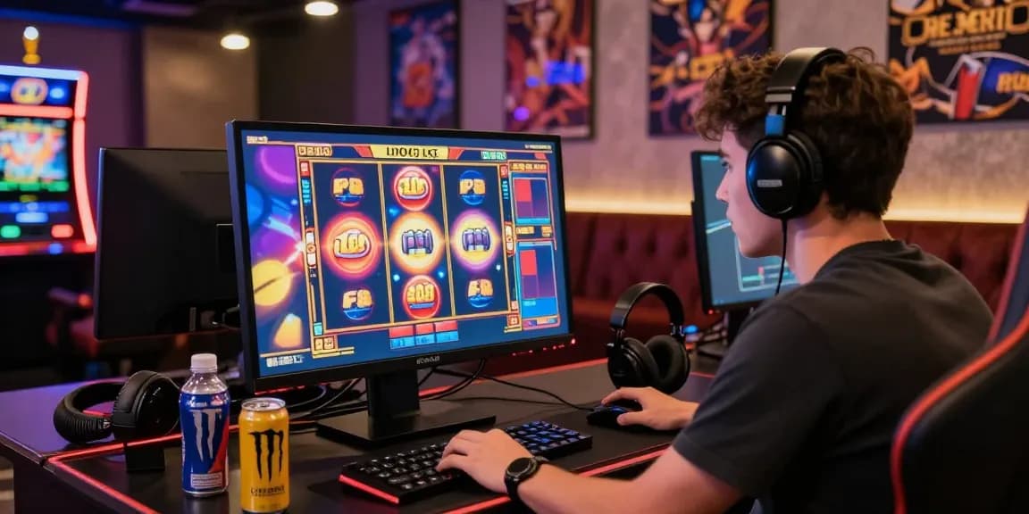 Pengguna Slot794 bermain judi online dengan slot mesin berwarna-warni di komputer, atmosfer kasino yang mendebarkan.