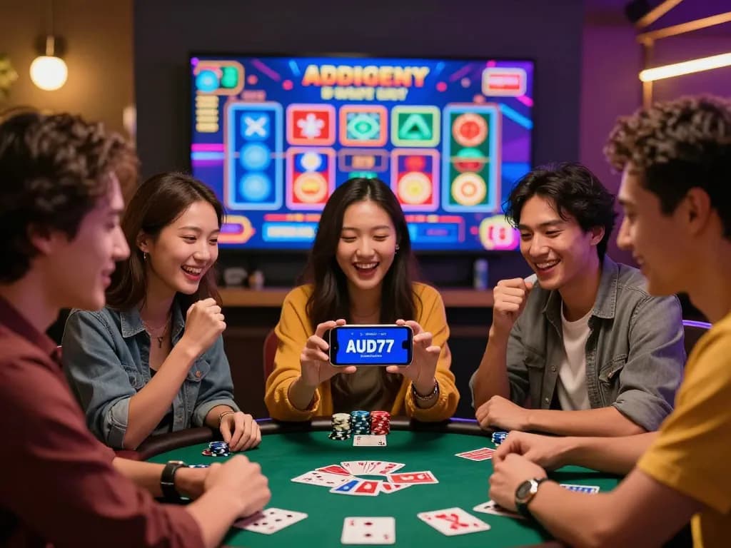 Friends celebrating a win with aud77 e-wallet on a smartphone in a lively casino setting.