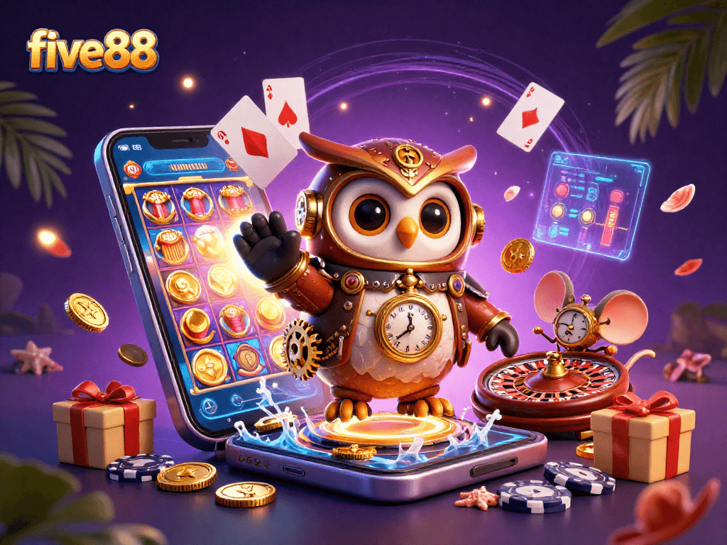 Experience the thrill of five88 casino with a vibrant scene of gaming action and steampunk characters.
