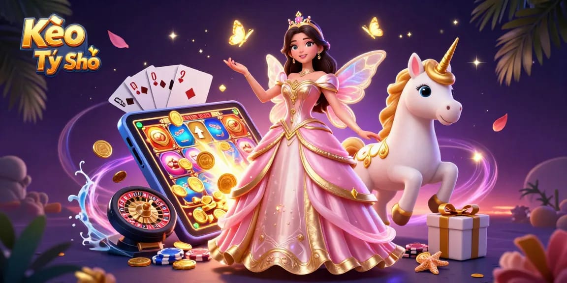 Kèo Tỷ Số highlights exciting online betting action with a glamorous scene featuring an Asian woman and golden unicorn.