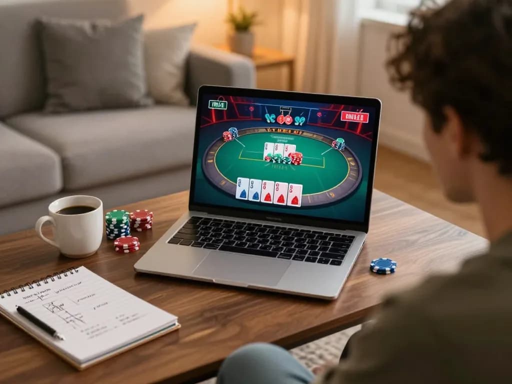 Engaging in a live poker game online at home with go8's gaming platform, emphasizing strategy and comfort