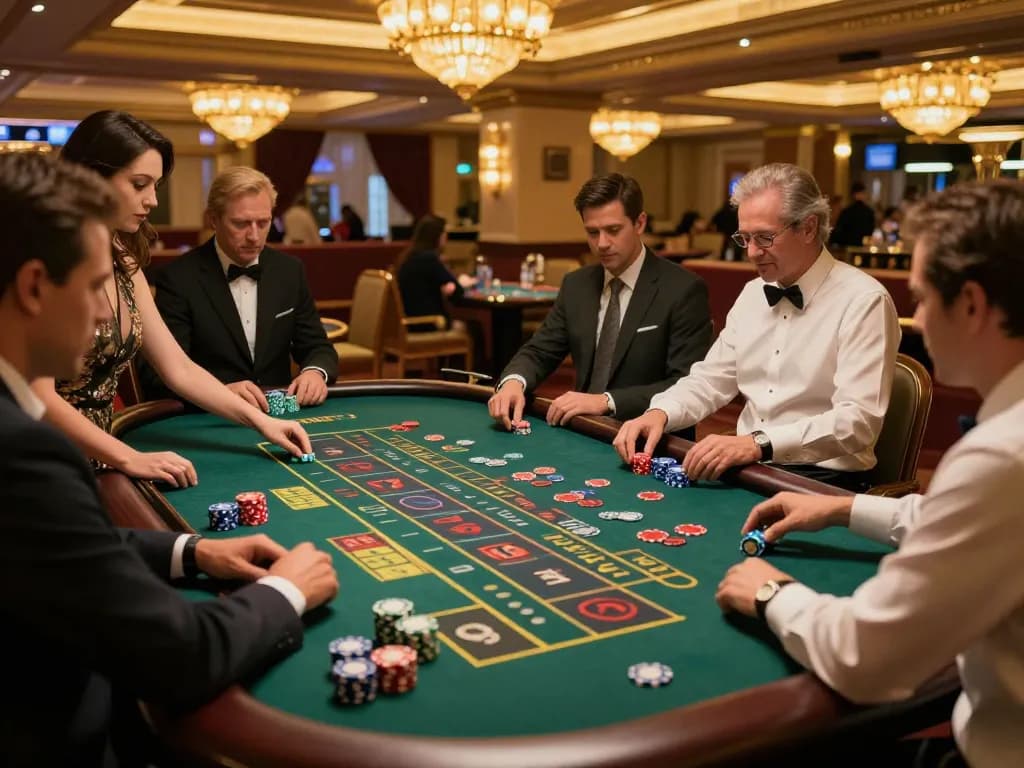 KJC players enjoying the thrill of betting at a vibrant roulette table in a luxury casino.