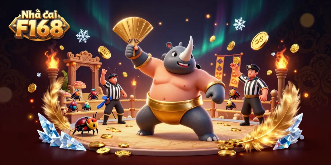 Experience thrilling gameplay at Nhà cái F168 as a champion beetle stomps treasures in a lively casino scene.
