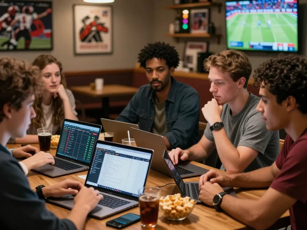 Friends enjoying a lively sports betting night, making debet predictions over laptops and snacks.