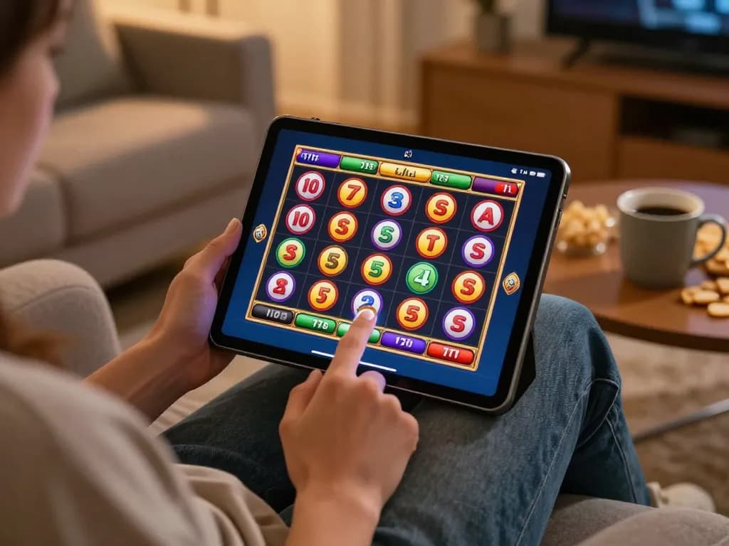 Engaging gameplay of slot online on a tablet in a cozy home setting, emphasizing responsible entertainment.