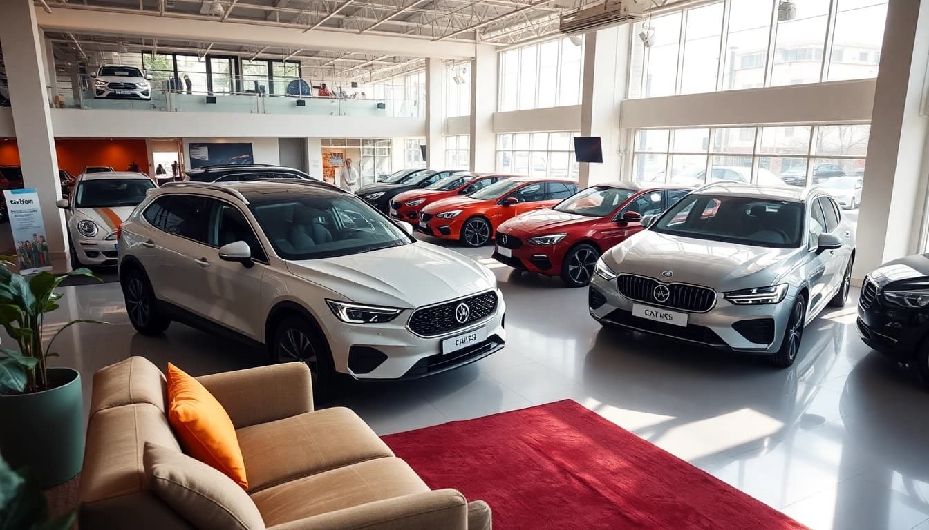 Auto kaufen - Präsentation von Fahrzeugen im modernen Autohaus mit hellem Licht.