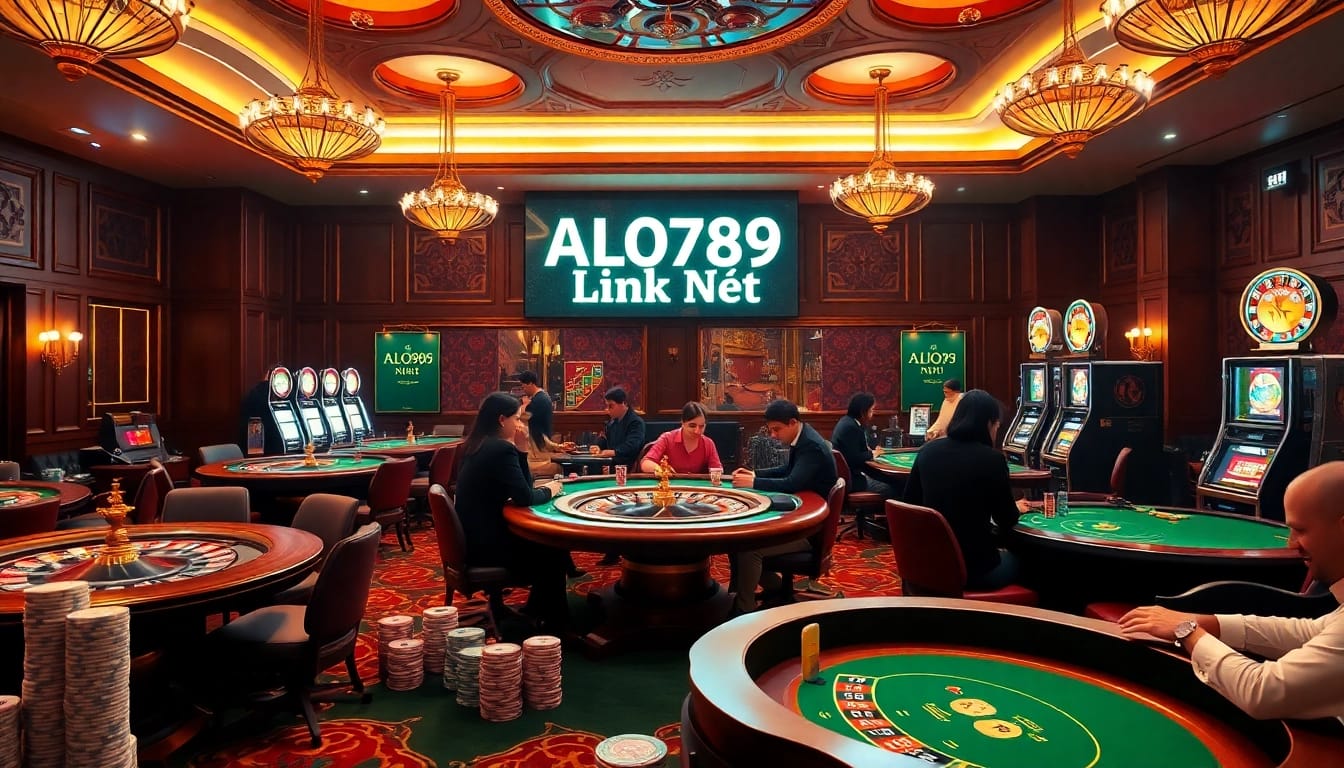 Discover vibrant gambling scene with ALO789 link nét showcasing poker chips and roulette wheels.