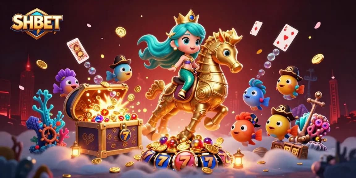Engage in thrilling gameplay with SHBET's vibrant 3D casino scene filled with underwater treasures and colorful characters.