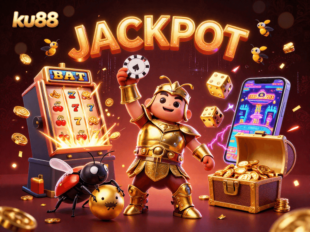 ku88 players celebrating with a beetle hero while winning jackpot in a colorful casino scene
