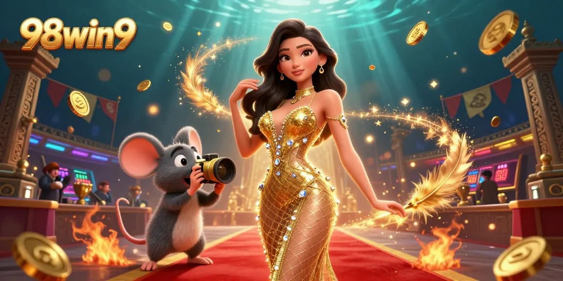 Experience vibrant casino action with 98win9 featuring a glamorous woman, golden tokens, and thrilling moments.