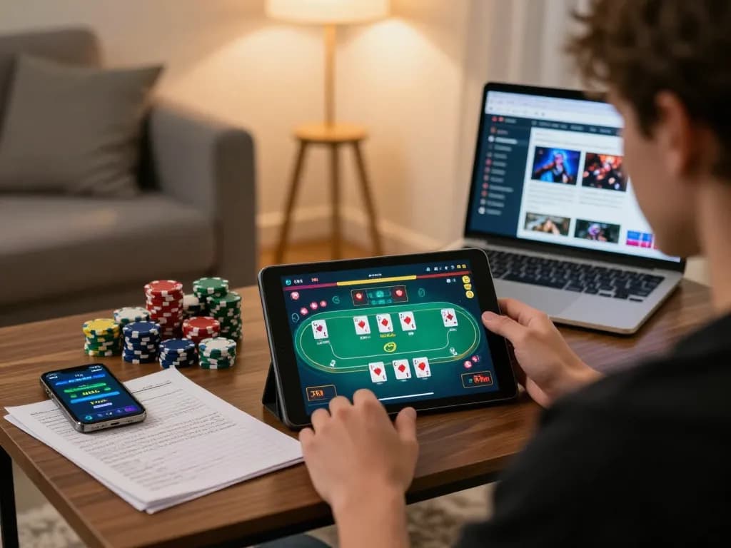 Engaging with LLWIN Function on tablet for online poker and bankroll management.