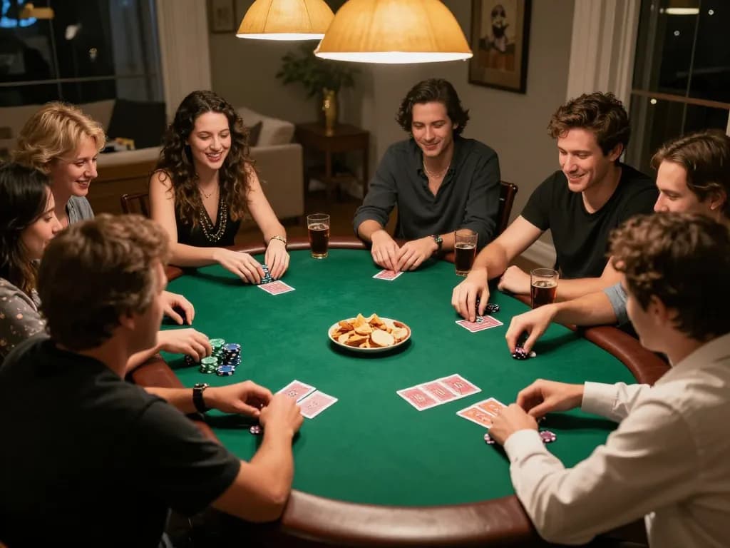Players enjoy a thrilling poker game night at home, showcasing sunwin strategies in action.
