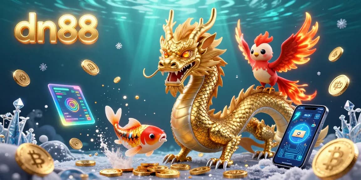 Experience thrilling gaming with dn88, featuring a dragon, phoenix, and koi fish in a vibrant casino scene.