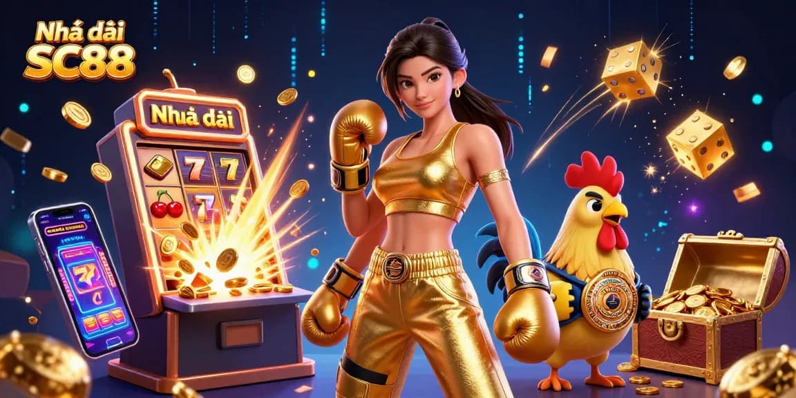 Experience thrilling action at Nhà cái SC88 with vibrant characters and exciting casino elements in a stunning 3D illustration.
