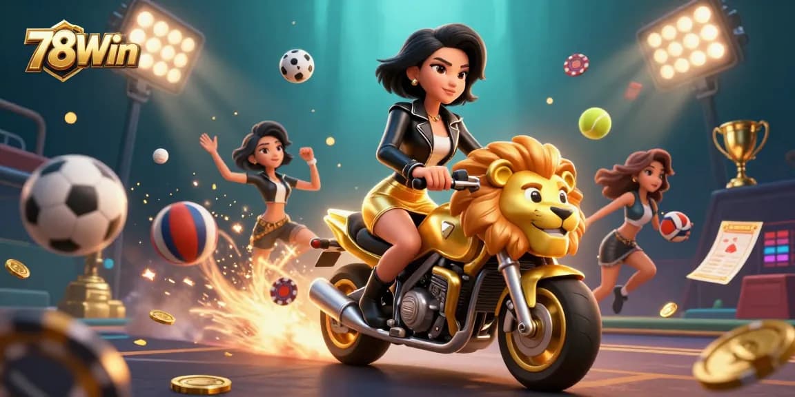 Experience the thrill of 78Win while betting on dynamic sports events with our vibrant casino-themed illustration.